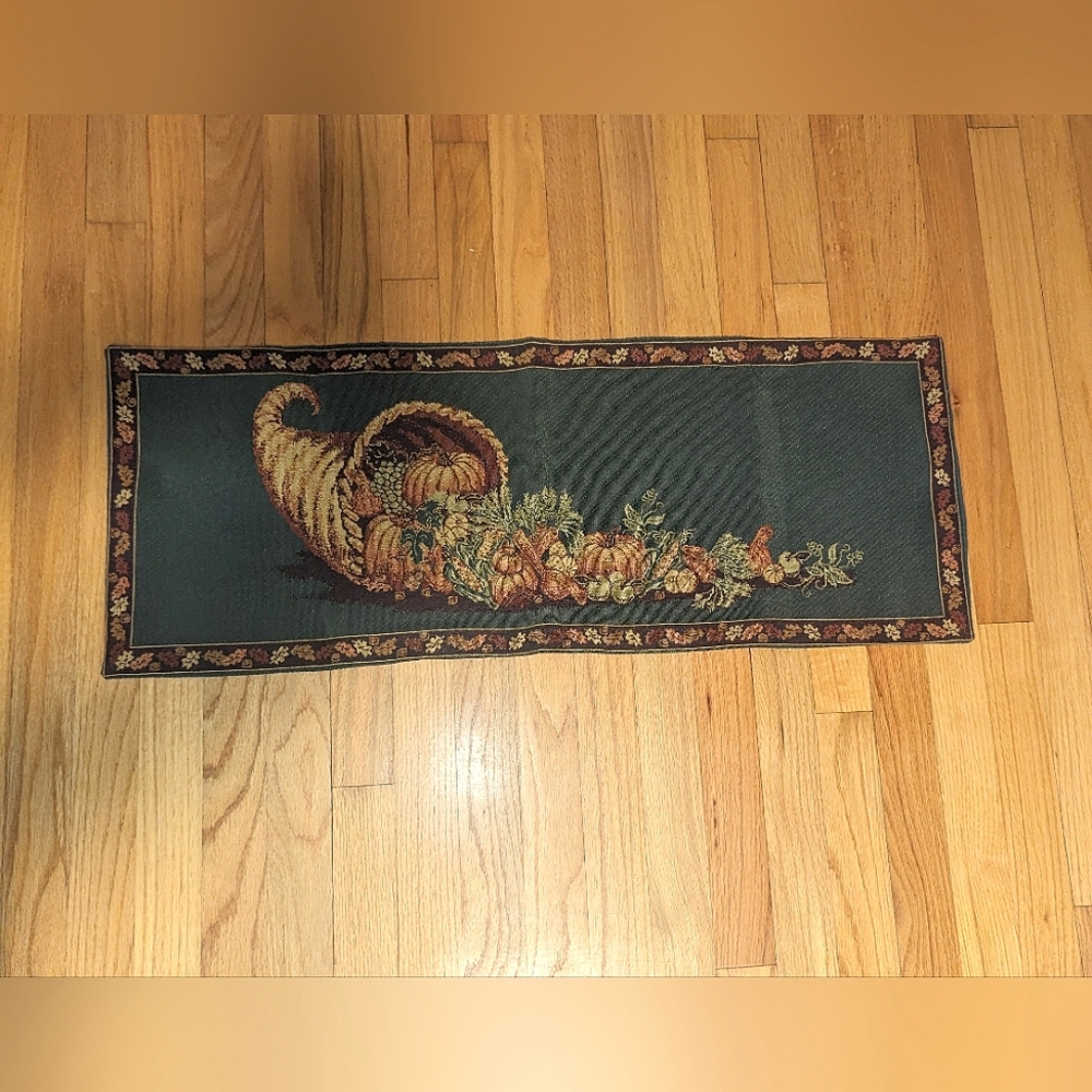 Green Thanksgiving Day Table Runner Cornucopia Pumpkins Harvest Autumn